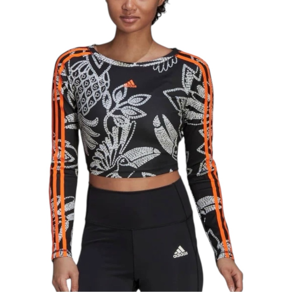 ADIDAS x FARM RIO Crop Long Sleeve Print Shirt Black White Orange Sz S